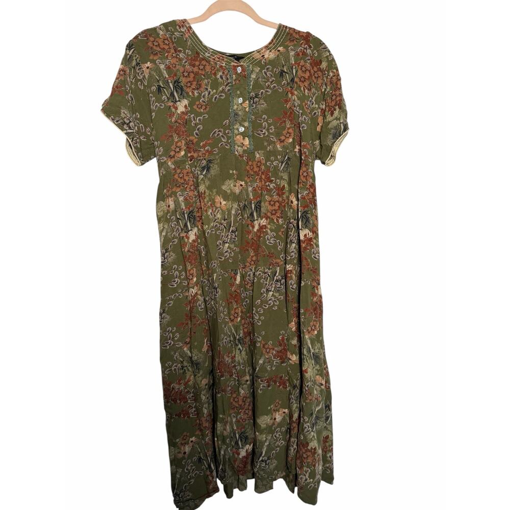Nursing Maternity Modest Olive Green Floral Midi Dress